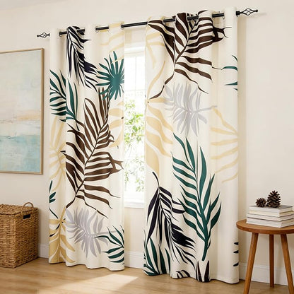 SUBRTEX Boho Leaf Printed Curtains 95 inch Long 2 Panels, Room Darkening by Subrtex