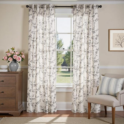 jinchan Black Floral Linen Curtains 84 Inch Rustic Drapes Back Tab 2 Panels | - Image 2