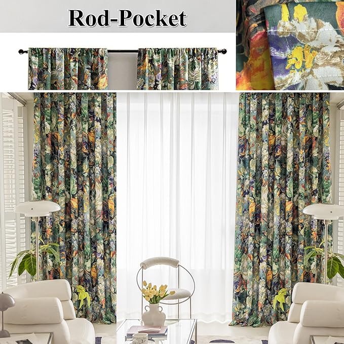 SUOUO Dark Green Vintage Floral Blackout Curtains - Image 2