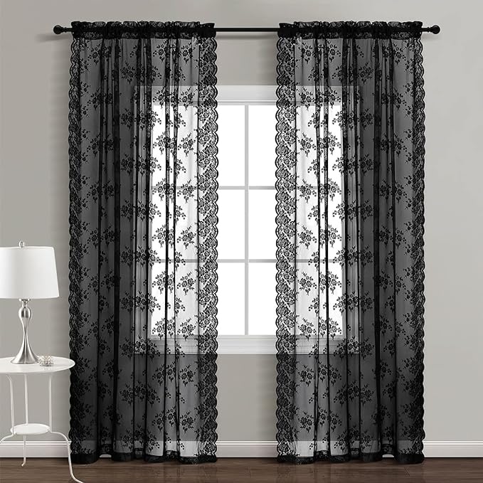 Kotile Black Floral Lace Curtains - Image 2