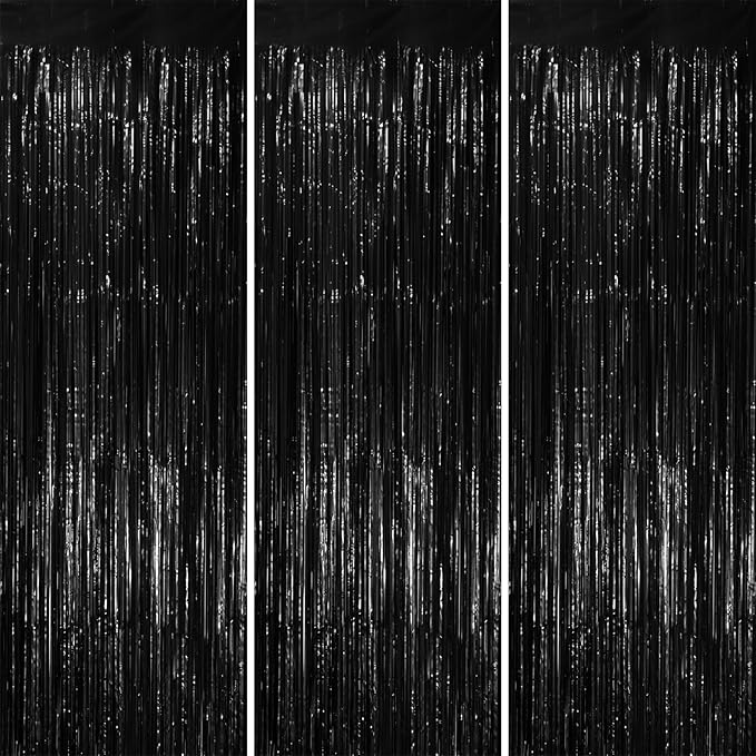 Voircoloria Black Foil Fringe Backdrop Curtains, 3 Pack | Tinsel Streamers by Voircoloria