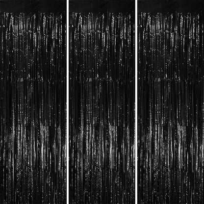 Voircoloria Black Foil Fringe Backdrop Curtains, 3 Pack | Tinsel Streamers by Voircoloria