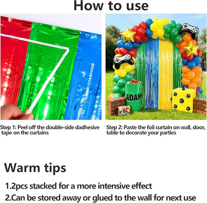 4 Packs Blue Red Green Yellow Foil Fringe Curtain, Baby Shower, Video Game - Image 8