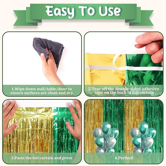 Voircoloria Green Gold Foil Fringe Backdrop Curtains, 3 Pack | Tinsel Streamers - Image 4