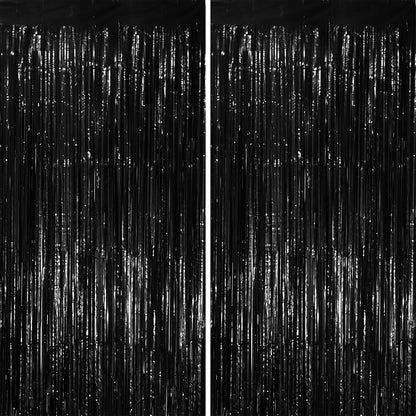 Voircoloria Black Foil Fringe Backdrop Curtains, 2 Pack | Tinsel Streamers by Voircoloria