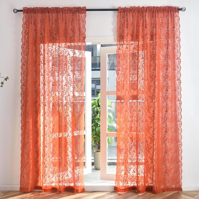 Burnt Orange Lace Curtains Rustic Leaf Floral 42 x 84 Inch, 2 Panels | Rod - Image 2