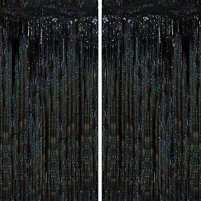 Voircoloria Laser Black Foil Fringe Backdrop Curtains, 2 Pack | Tinsel Streamers by Voircoloria