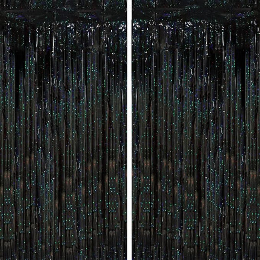 Voircoloria Laser Black Foil Fringe Backdrop Curtains, 2 Pack | Tinsel Streamers by Voircoloria