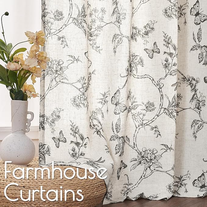 Black Floral Linen Curtains Farmhouse Rod Pocket 50W X 108L 2 Panels | - Image 3