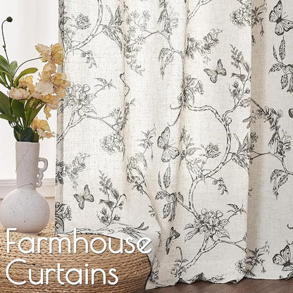 Black Floral Linen Curtains Farmhouse Rod Pocket 50W X 108L 2 Panels | - Image 3