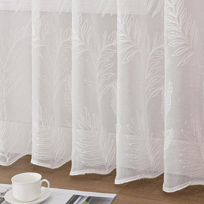 White Sheer Curtains Embroidered Leaf 2 Panels 96 Inches Long | Light Filtering - Image 4