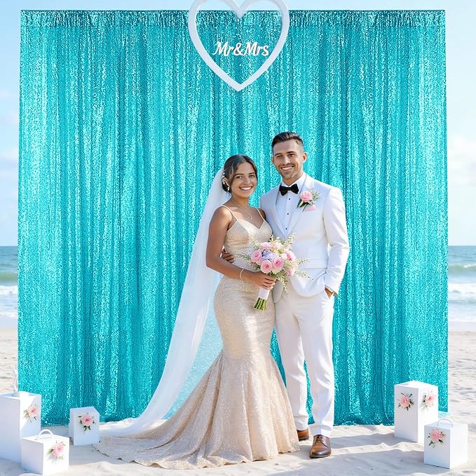 Sugargirl Turquoise Sequin Backdrop Curtain 2 Panels 2FTx8FT Glitter Turquoise - Image 2