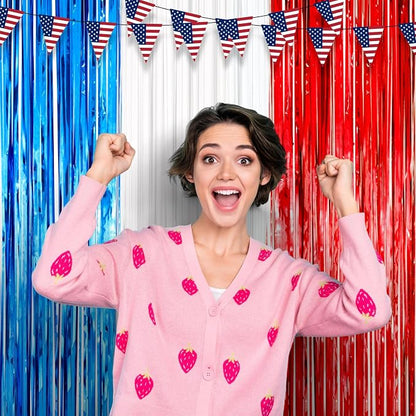 Voircoloria Red White Blue Foil Fringe Backdrop Curtains, 3 Pack | Tinsel - Image 7