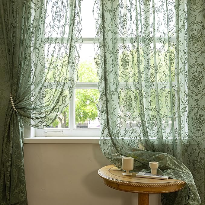 Deeprove Olive Green Sheer Lace Ruffled Curtains 72 Inch Long Pair - Image 7