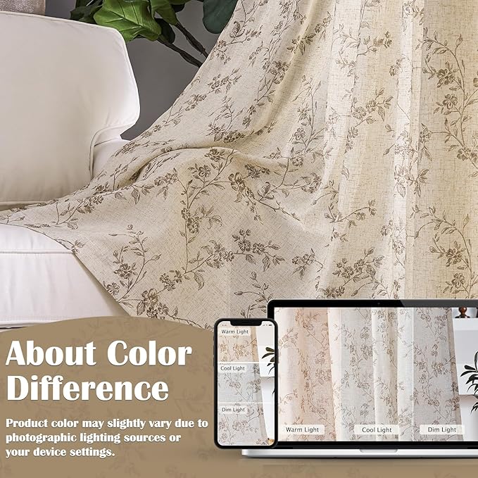 Taupe Vintage Floral Linen Curtains Farmhouse 38W X 90L 2 Panels | Elisa Series - Image 9