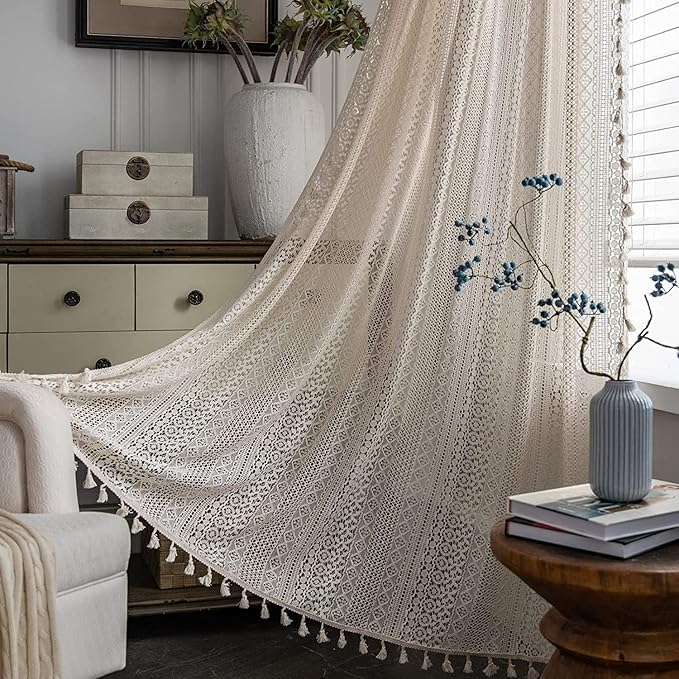 Sutuo Home Boho Sheer Curtain 108 Inches Long, Crochet Lace by SutuoHome