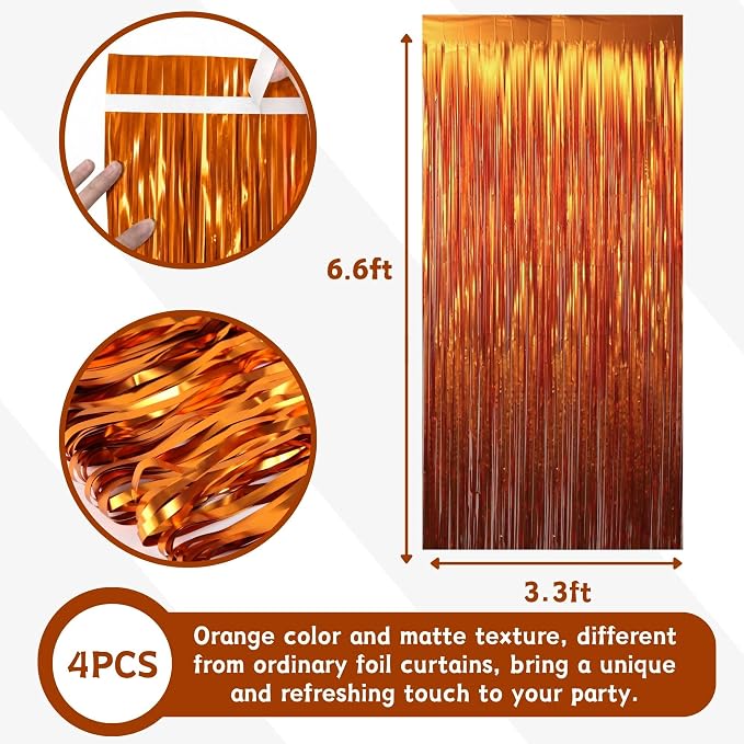 Matte Orange Foil Fringe Curtains Backdrop Party Decorations 2 PCS | 3.3 x 6.6 - Image 2