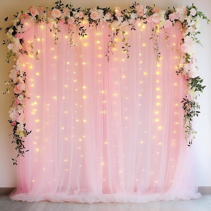 Tulle Backdrop Curtains with Lights Pink 10x10ft Sheer Curtain Backdrop | Tulle - Image 6