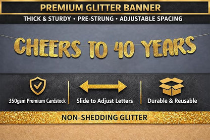 Pre-Strung Cheers to 40 Years Gold Glitter Banner - Image 4