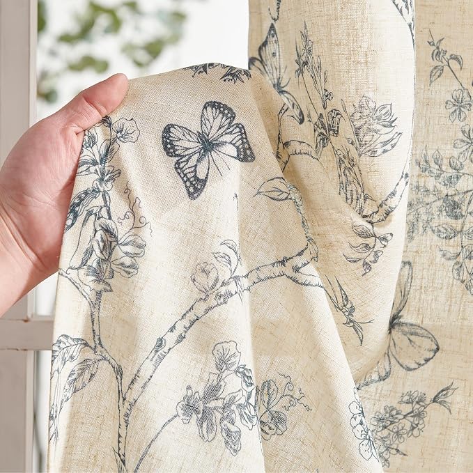 Blue Floral Linen Curtains Farmhouse Rod Pocket 50W X 63L 2 Panels | Charlotte - Image 5