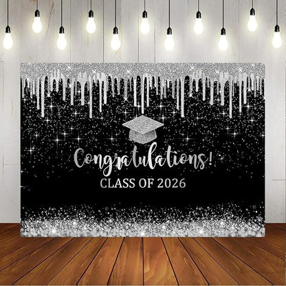 Mocsicka 10x7ft Class of 2026 Graduation Backdrop Black and Sliver Glitter 2026 - Image 6