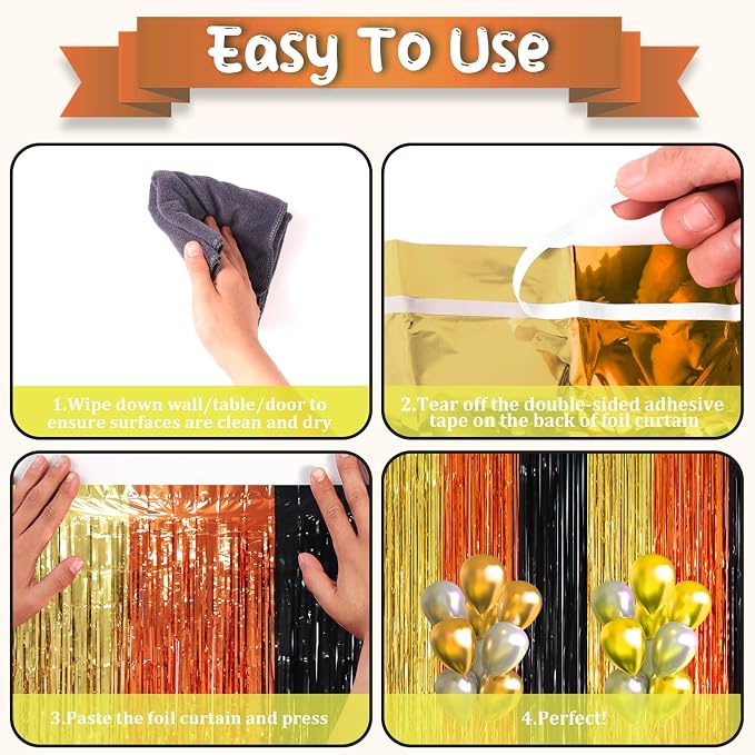 Voircoloria Black Gold Orange Fringe Backdrop Curtains, 3 Pack | Tinsel - Image 4