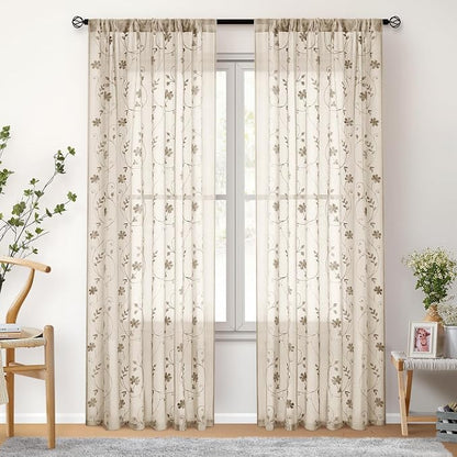 HOMEIDEAS Taupe Sheer Curtains 84 Inches Long 2 Panels Beige Embroidered Floral - Image 7