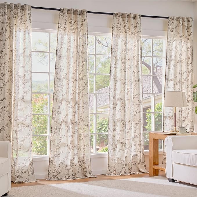 Taupe Vintage Floral Linen Curtains Farmhouse 38W X 63L 2 Panels | Elisa Series - Image 7
