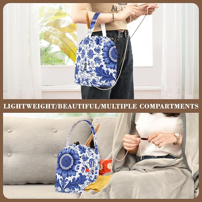 Sunflowers Blue and White Leaves Yarn Bag Small Crochet Bag Drawstring Yarn - Image 5