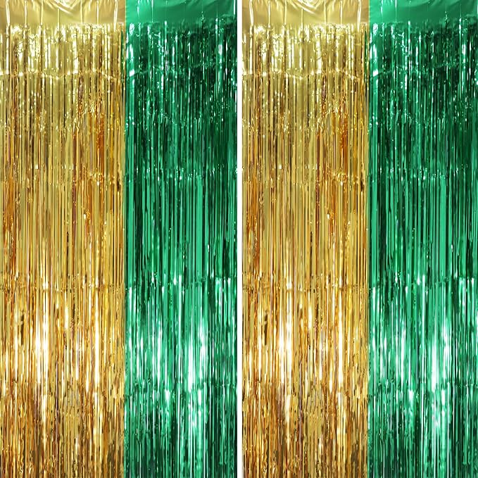 Voircoloria Green Gold Foil Fringe Backdrop Curtains, 2 Pack | Tinsel Streamers by Voircoloria