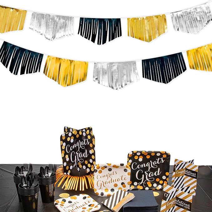 Black Silver Gold Tassel Banner Double Sided Metallic Fabric Pennant Bunting by pinkblume