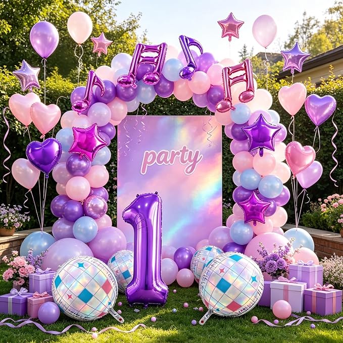 TONIFUL Girl‘s Purple Pink Music Themed 1st Birthday Decorations | 40 Inch - Image 3