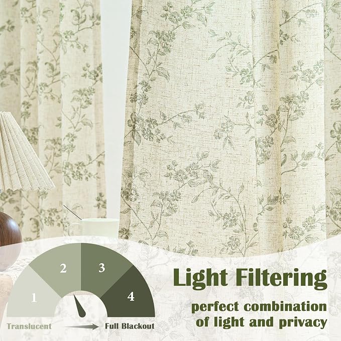Green Vintage Floral Linen Curtains Farmhouse 38W X 96L 2 Panels | Elisa Series - Image 3