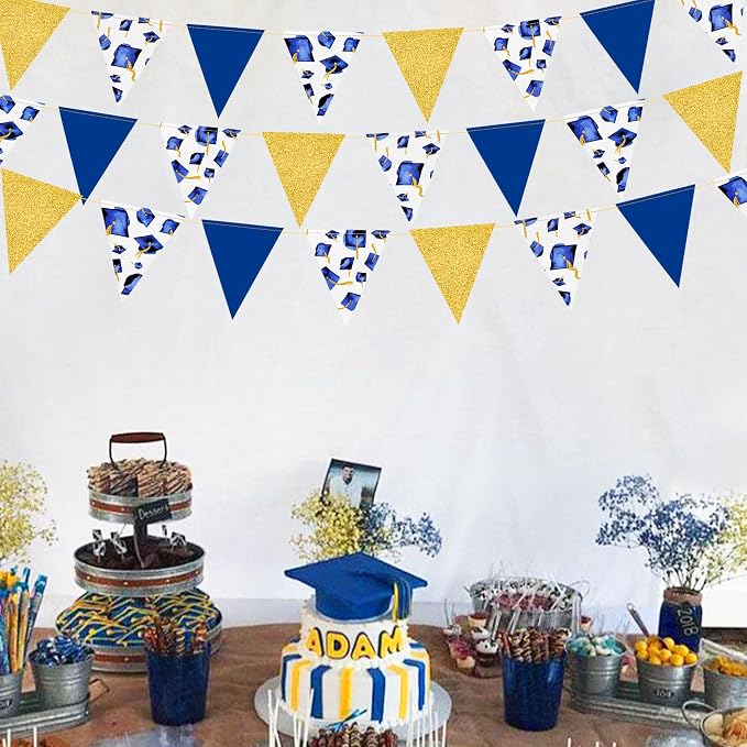 Navy Gold Graduation Decorations 2026 Blue Gold Grad Hat Cap Banner Triangle - Image 6
