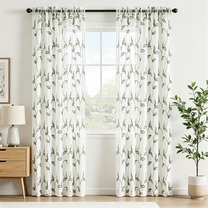 Sheer Curtains Boho Leaf Floral Embroidered Green 54Wx96L | Light Filtering - Image 2