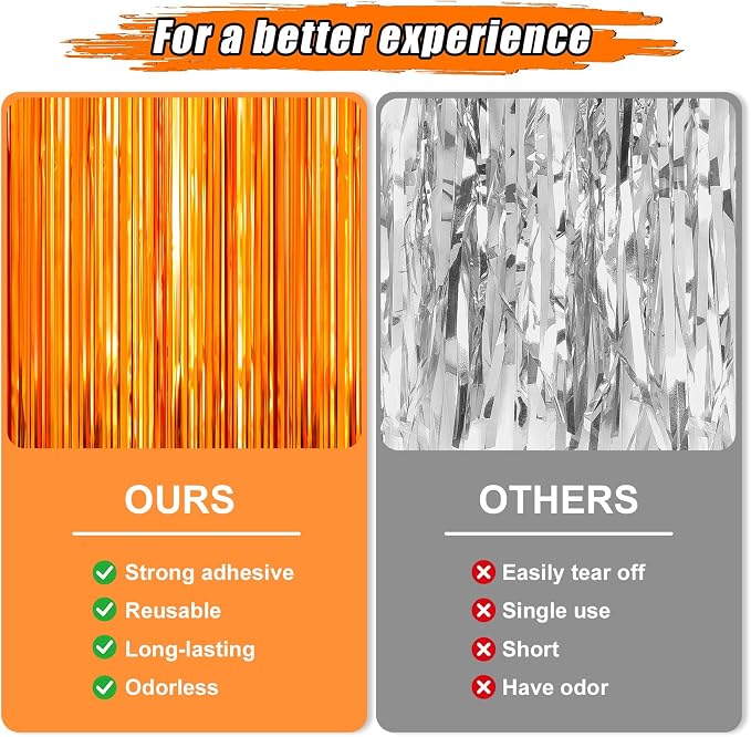 7 Pack 3.3 x 9.9 ft Orange Fringe Backdrop Streamers Party Decorations | Foil - Image 3