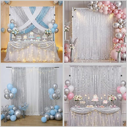 Silver Sequin Backdrop Curtains 4 Pcs 2ftx8ft Glitter Shimmer Fabric | Sparkly - Image 3
