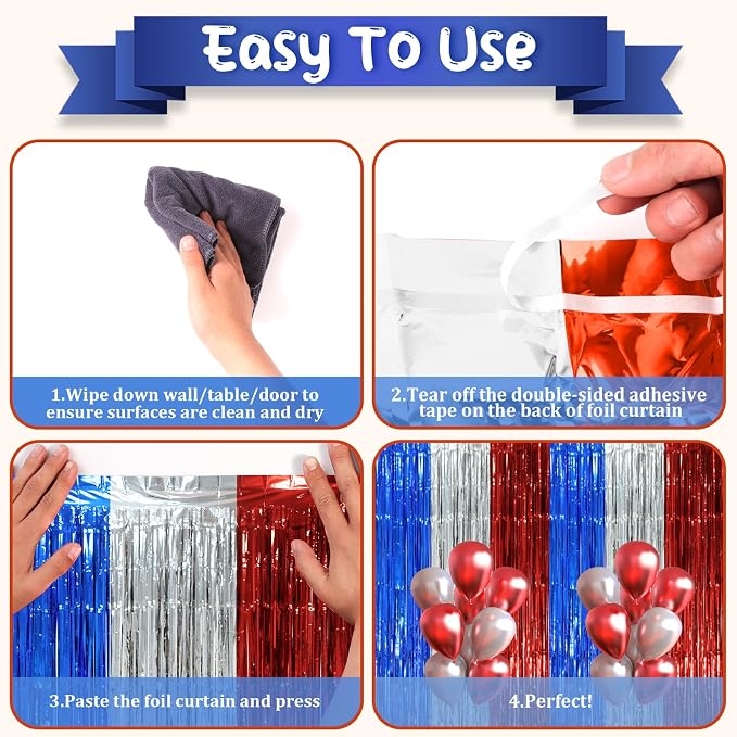Voircoloria Blue Red Silver Foil Fringe Backdrop Curtains, 2 Pack | Tinsel - Image 4