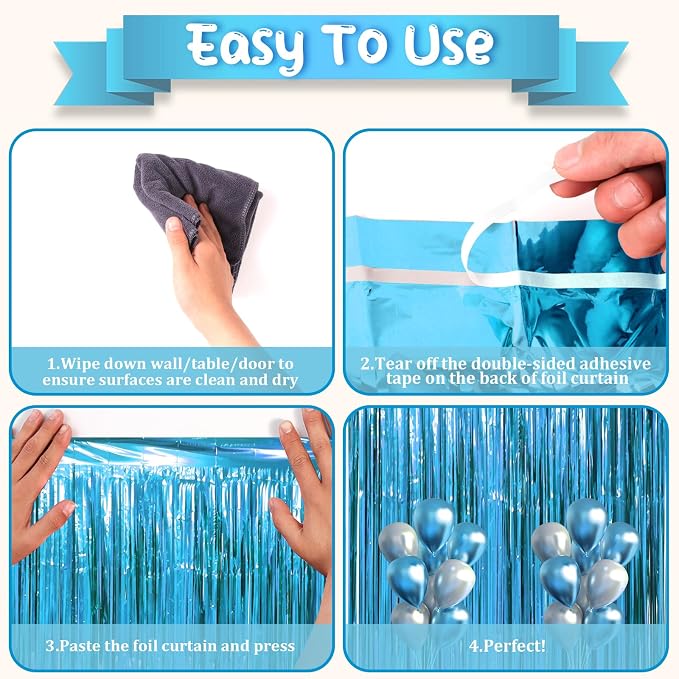 Voircoloria Retro Blue Foil Fringe Backdrop Curtains, 3 Pack | Tinsel Streamers - Image 4
