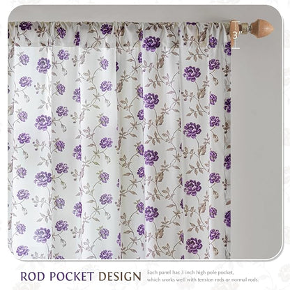 Beauoop Floral Sheer Curtains for Bedroom Purple Brown 52x96 2 Panels | Semi - Image 8
