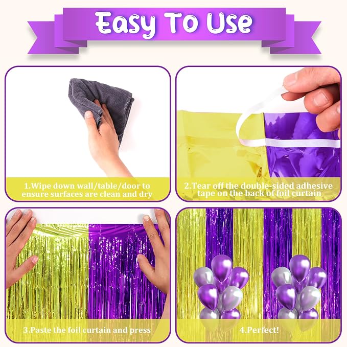 Voircoloria Purple Gold Foil Fringe Backdrop Curtains, 3 Pack | Tinsel Streamers - Image 4