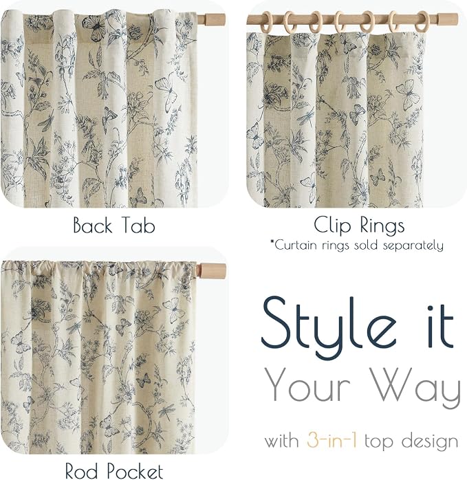 Blue Floral Linen Curtains Farmhouse Rod Pocket 50W X 90L 2 Panels | Charlotte - Image 6