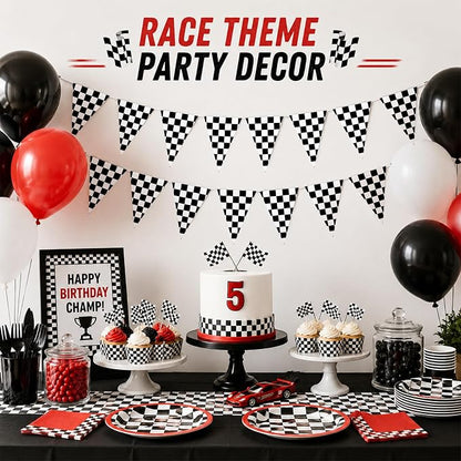 Black and White Checkered Pennant Banner | 5PCS Race car party banners - Image 2