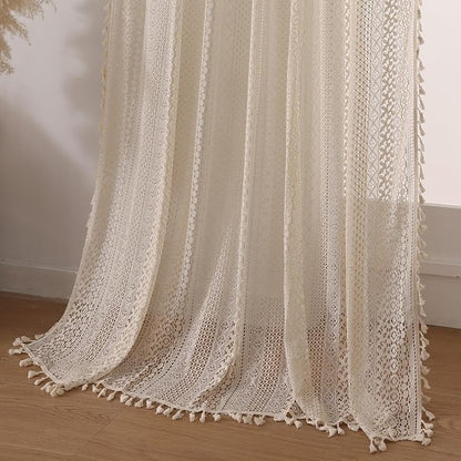 WAZZIO Boho Lace Curtains 63 Inches 2 Panel, Light Filtering Privacy Tassel & - Image 10