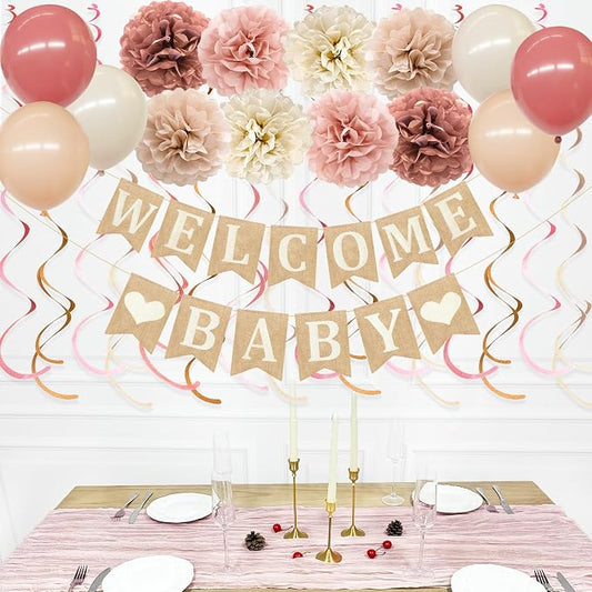 Baby Shower Party Decorations Kit Welcome Baby Heart Burlap Banner by pinkblume