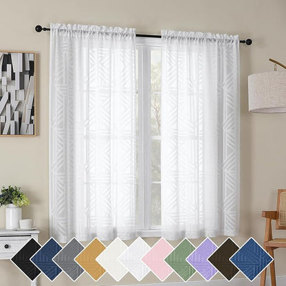 Simplebrand Semi Sheer White Curtains 45 Inch Length 2 Panels, Geometric by Simplebrand
