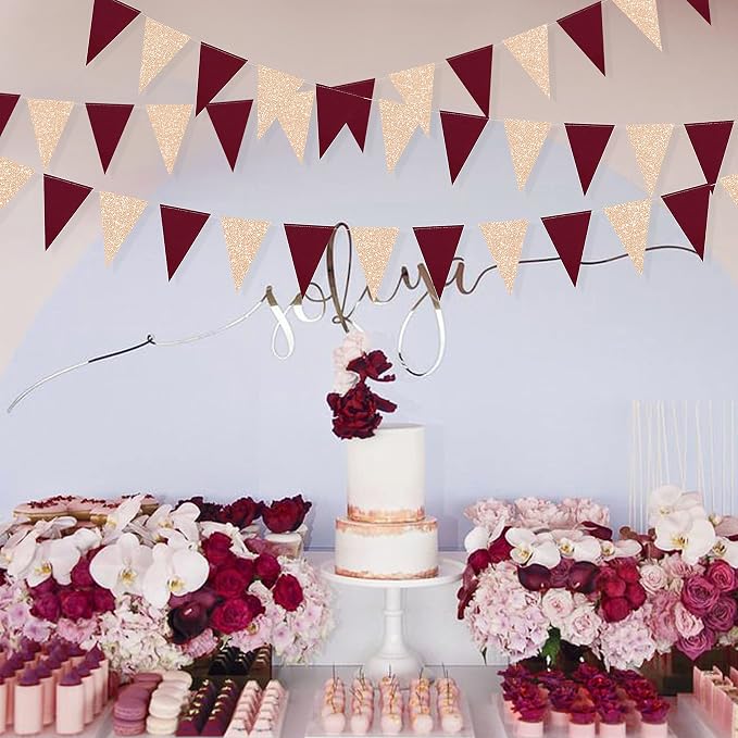Burgundy Party Decorations Maroon Champagne Gold Triangle Banner Flag Bunting - Image 4
