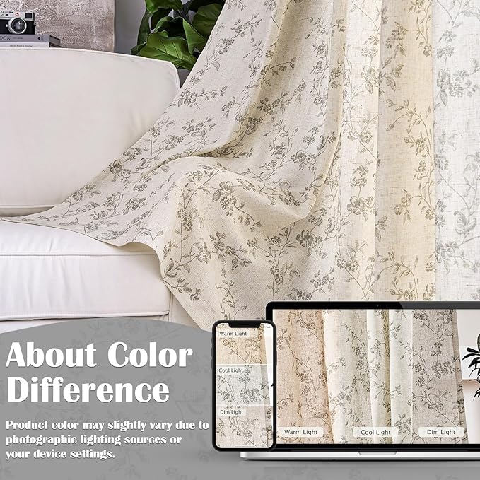 Grey Vintage Floral Linen Curtains Farmhouse 38W X 90L 2 Panels | Elisa Series - Image 5
