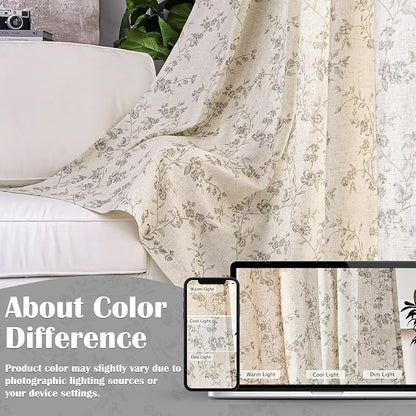 Grey Vintage Floral Linen Curtains Farmhouse 50W X 96L 2 Panels | Elisa Series - Image 6