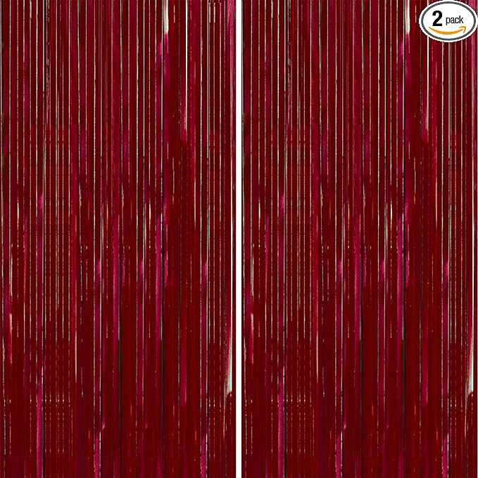 PartyWoo Red Foil Fringe Tinsel Streamers Backdrop Curtain 2pcs 8.2FT | Red by PartyWoo